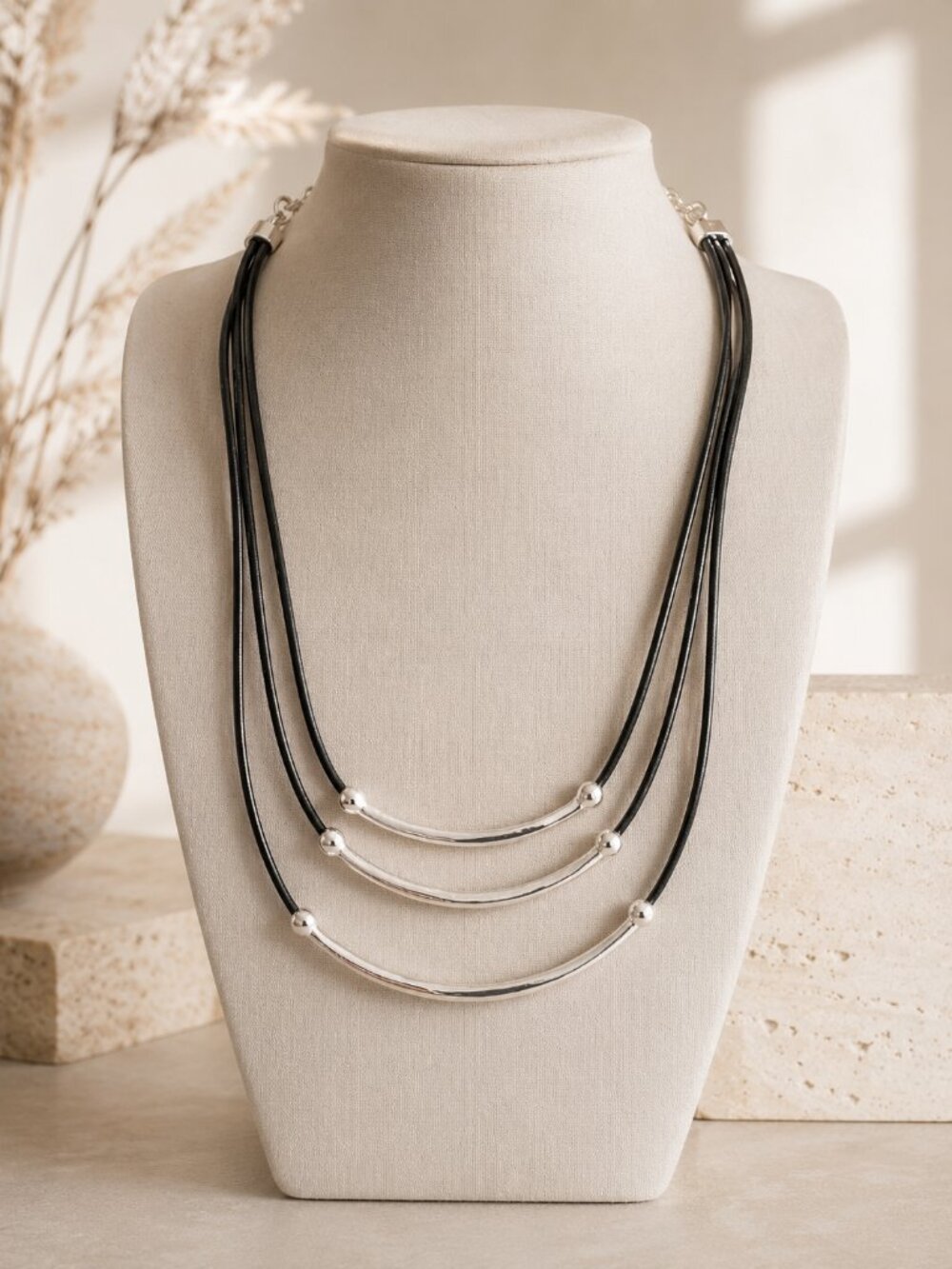 Silver Tone Layered Cord Necklace Modern Statement